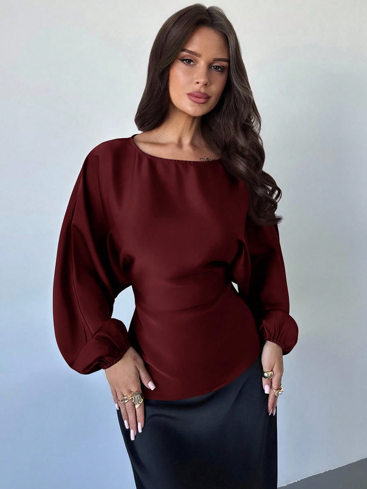 Women's Polka-Dot Satin Blouse with Balloon Sleeves and Wide Round Neckline Mune Fashion