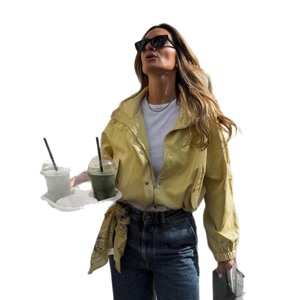 Women's Short Satin Look Bomber Jacket with Zipper, Snap Buttons & Elastic Cuffs Mune Fashion