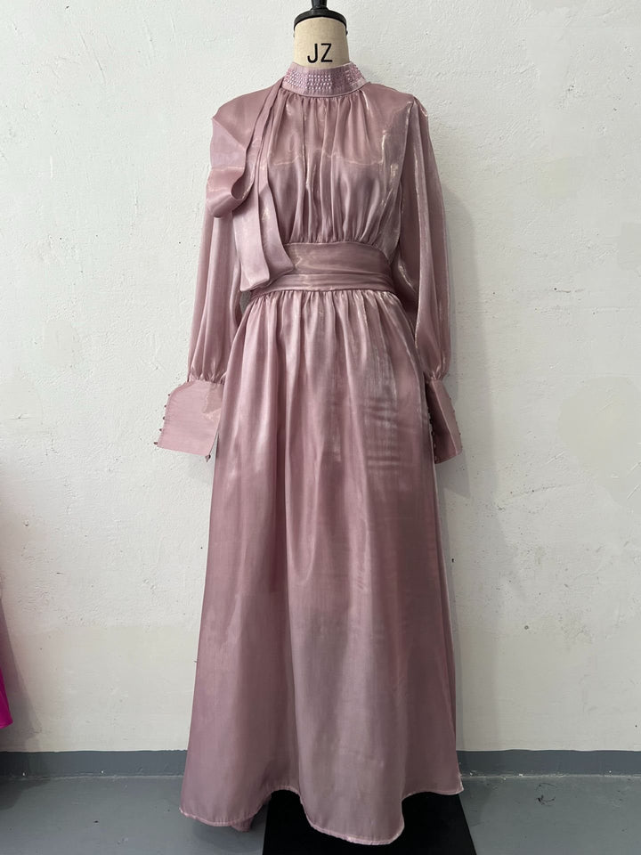 Women Elegant Chiffon Maxi Dress with Tailored Wrap Waist, Stand Collar and Long Puff Sleeves Mune Fashion