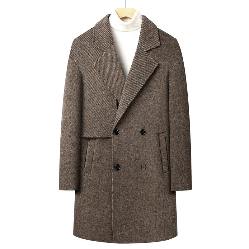 Men's Long Double-Breasted Wool Blend Coat with Textured Lapel Mune Fashion