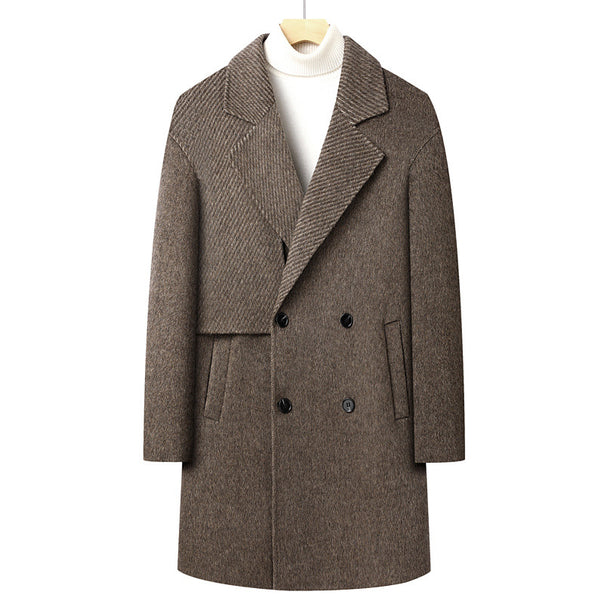Men's Long Double-Breasted Wool Blend Coat with Textured Lapel Mune Fashion