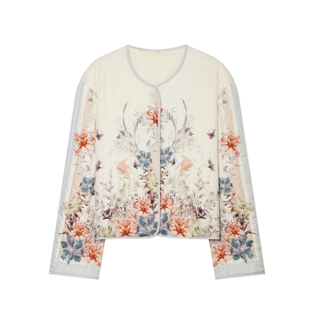 Women's Quilted Cropped Transitional Jacket with Floral Allover Print and Round Neckline Mune Fashion