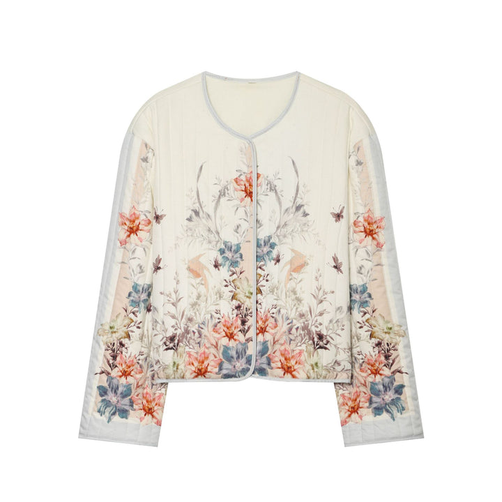 Women's Quilted Cropped Transitional Jacket with Floral Allover Print and Round Neckline Mune Fashion