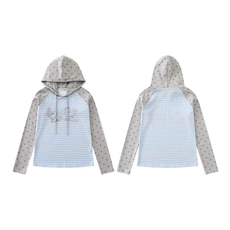 Women's hooded long sleeve shirt in raglan style with star sleeves and note print Mune Fashion