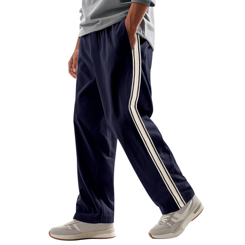Men's Relaxed Corduroy Look Track Pants with Side Stripes, Elastic Waistband & Drawstring Mune Fashion