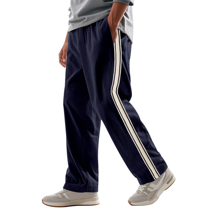 Men's Relaxed Corduroy Look Track Pants with Side Stripes, Elastic Waistband & Drawstring Mune Fashion