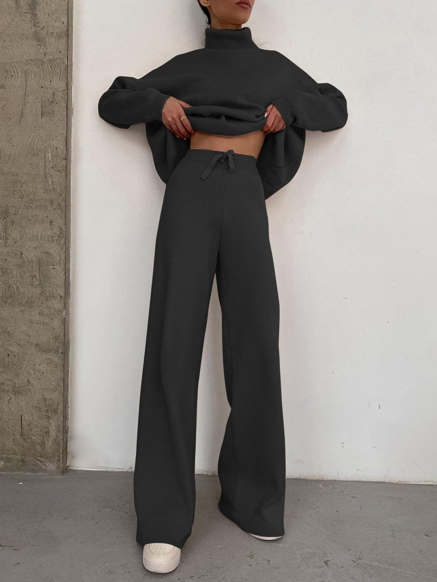 Women Wide Knit Pants with High Waist, Drawstring, and Wide Leg Mune Fashion