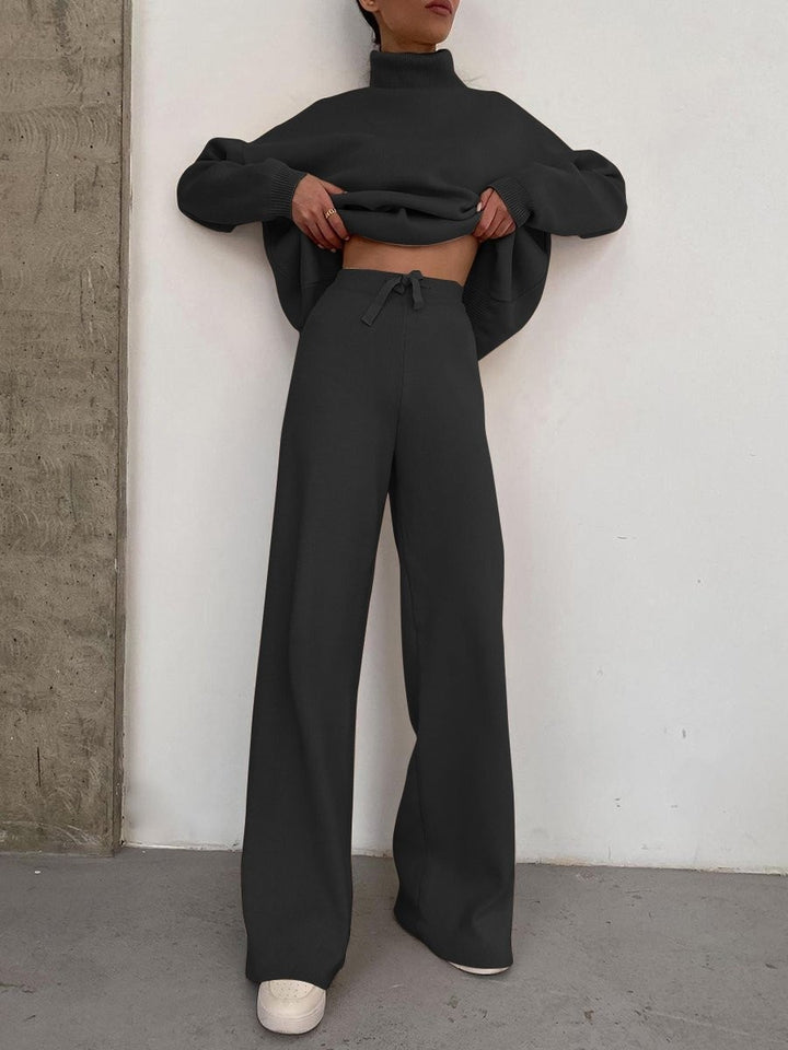 Women Wide Knit Pants with High Waist, Drawstring, and Wide Leg Mune Fashion