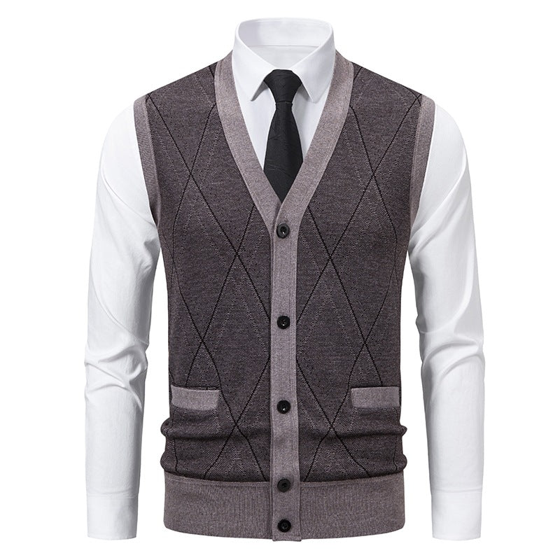 Men's fine-knit vest with V-neck, button placket and diamond pattern Mune Fashion