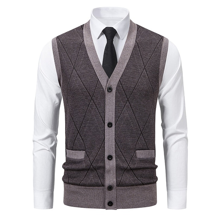 Men's fine-knit vest with V-neck, button placket and diamond pattern Mune Fashion