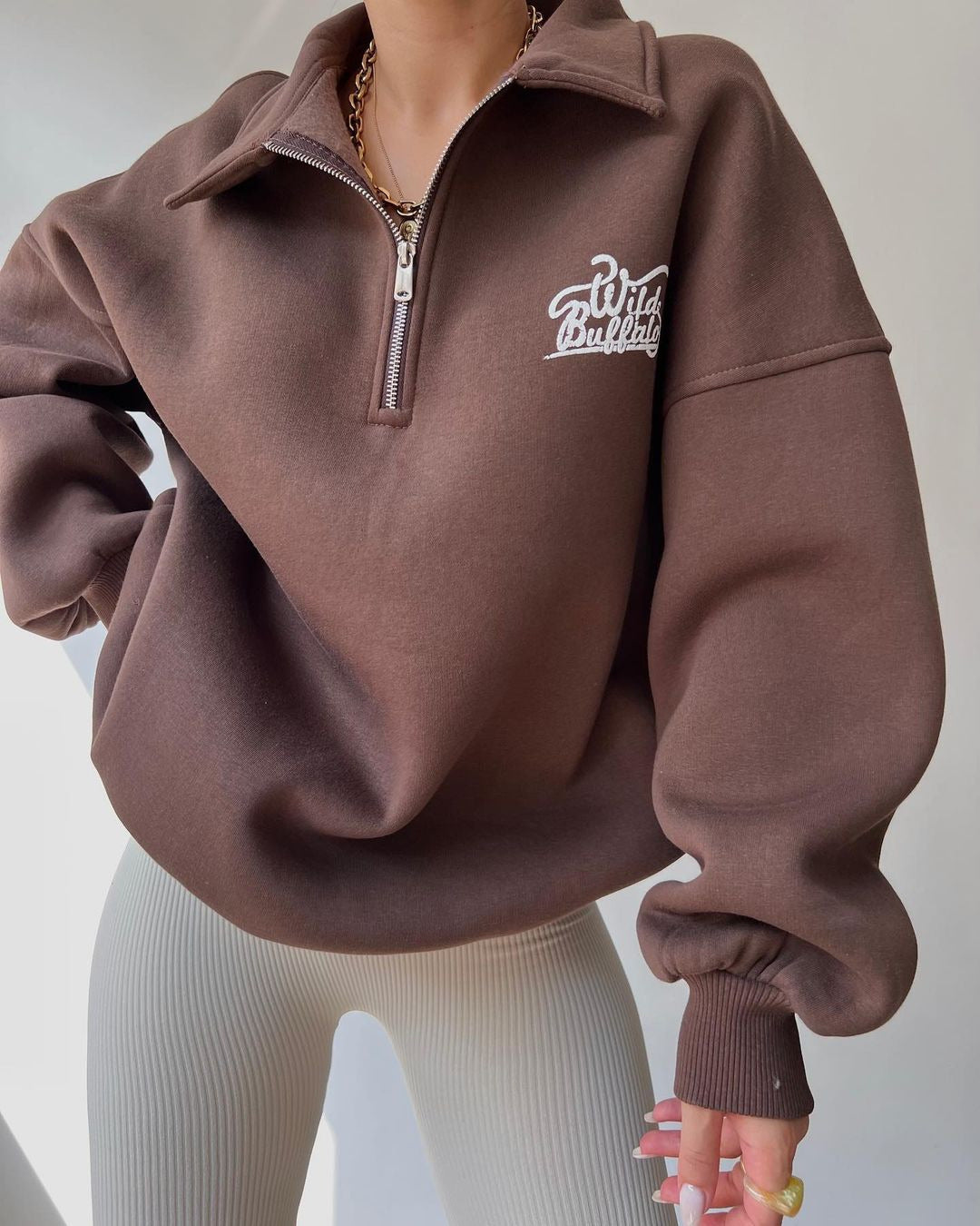 Women's Oversized Halfzip Sweatshirt with Stand Collar and Embroidered Logo Mune Fashion