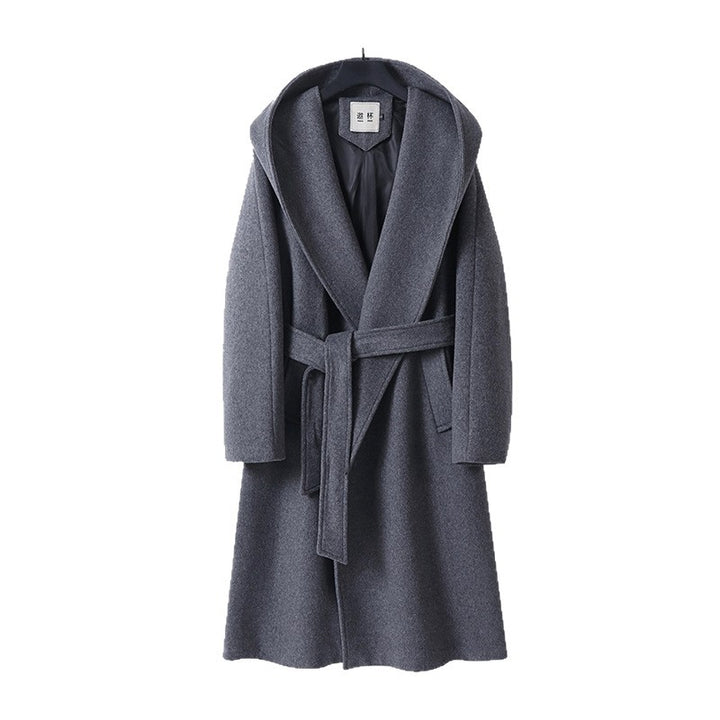 Women's Maxi Coat with Oversized Hood, Tie Belt and Minimalist Wool Blend Silhouette Mune Fashion