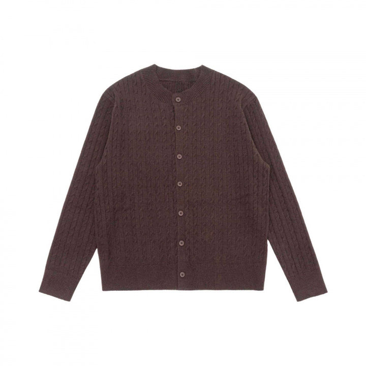 Unisex Short-cut Braid Knit Cardigan with Round Neck and Pearlescent Buttons Mune Fashion