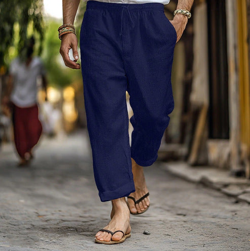 Men's casual linen jogger pants with elastic drawstring waistband, side pockets, and rollable hem Mune Fashion
