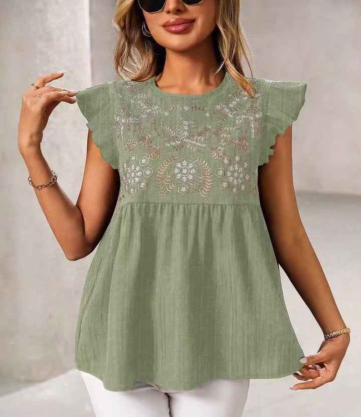 Women Loose Embroidered Babydoll Top with Ruffle Sleeves Mune Fashion