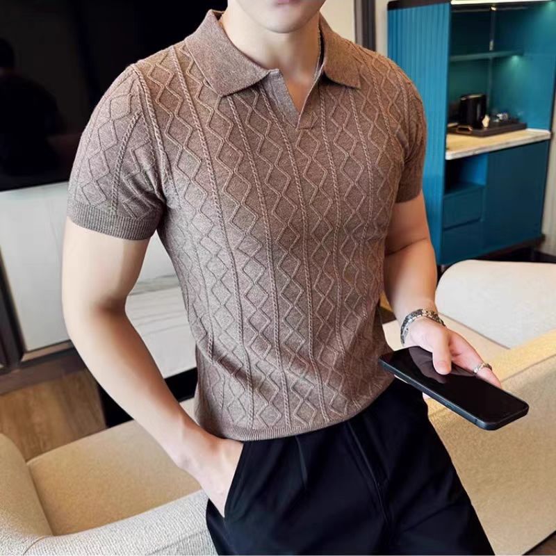 Men's Elegant Knitted Polo Shirt with Decorative Structure Mune Fashion