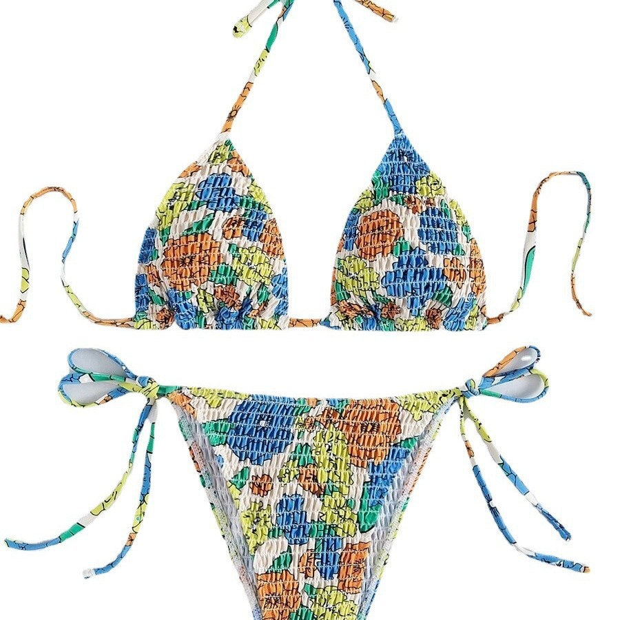 Women's triangle bikini with colorful floral pattern and elastic ties Mune Fashion