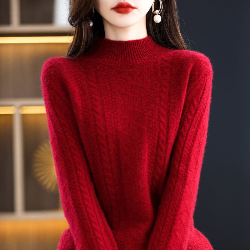 Women's Soft Mohair-Look Mockneck Sweater with Cable Pattern and Fine Ribbed Collar Mune Fashion
