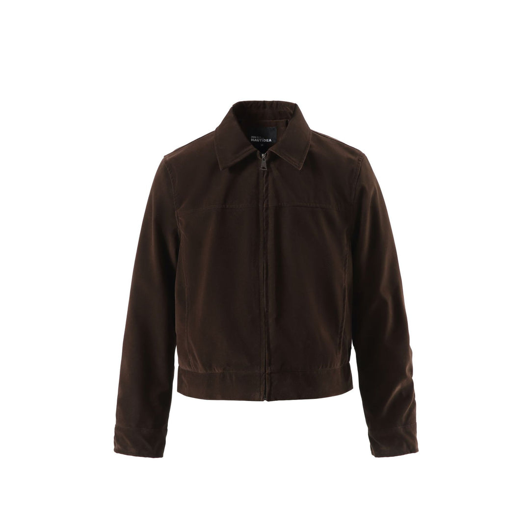 Men's short-cut velour-look blouson with shirt collar and concealed zip closure.