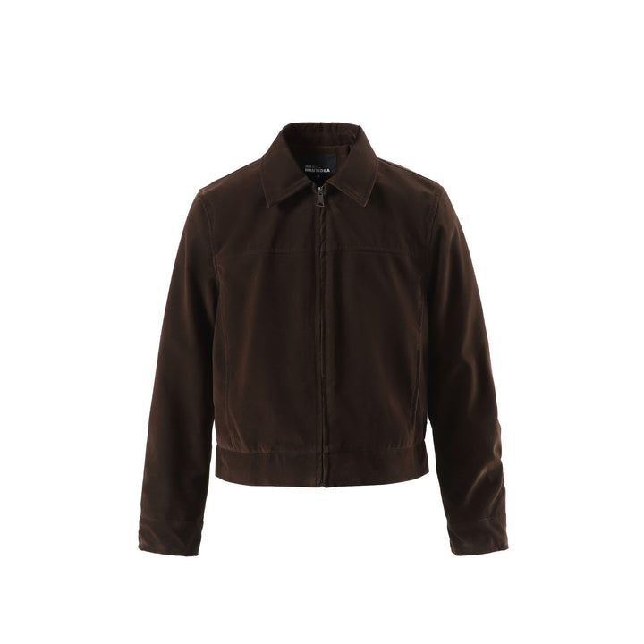 Men's short-cut velour-look blouson with shirt collar and concealed zip closure.