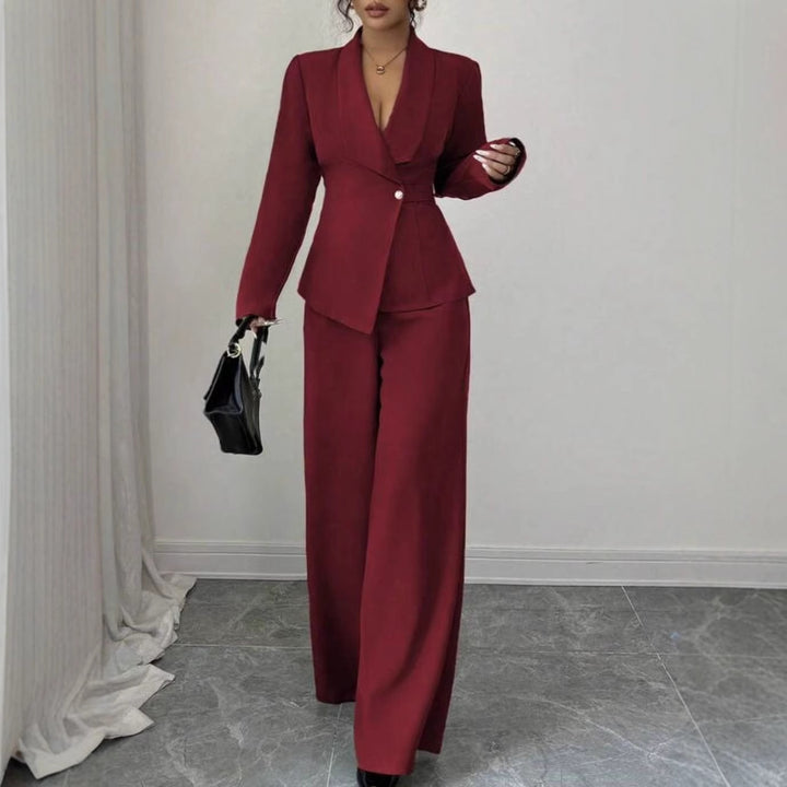 Women's tailored pantsuit set with asymmetrical blazer and wide-leg Mune Fashion