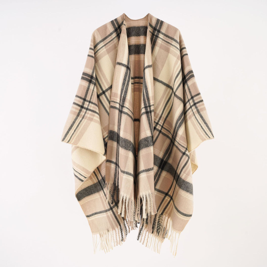 Women's Elegant Wool Blend Throw in Plaid Pattern with Fringes Mune Fashion
