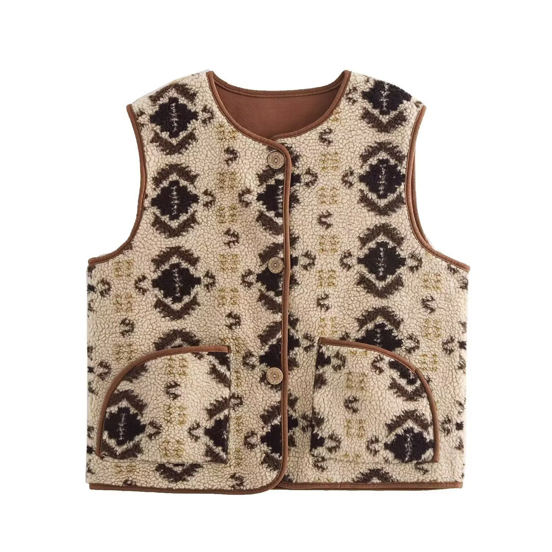 Women's patterned teddy vest in bouclé look with patch pockets Mune Fashion