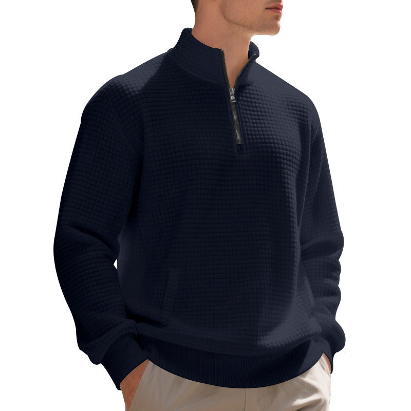 Men's waffle knit half-zip pullover with stand-up collar, kangaroo pocket & ribbed finishes Mune Fashion