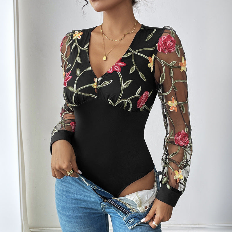 Women's Embroidered Mesh Body with V-Neck and Transparent Floral Sleeves Mune Fashion
