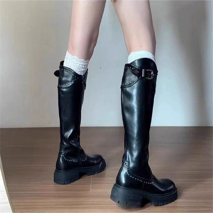 Women knee-high chunky platform biker boots with studs and buckle straps Mune Fashion