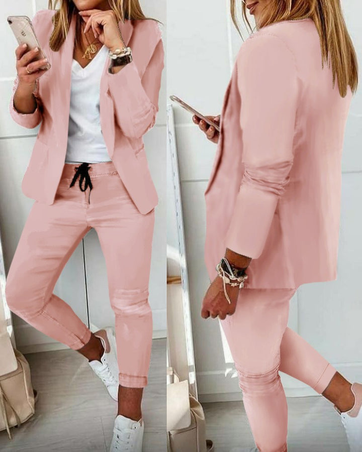 Women's Smart-Casual Blazer Set with open long blazer and tapered jog pants with drawstring Mune Fashion