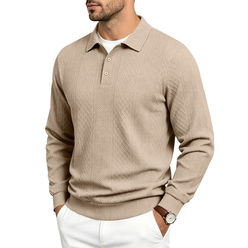 Men's Structured Long Sleeve Polo Sweater with Cable Knit Pattern Mune Fashion