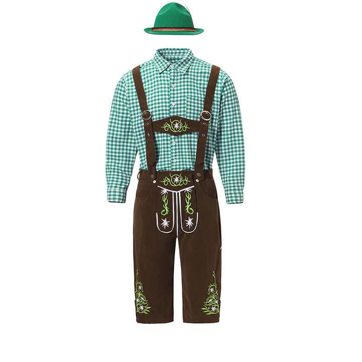 Men's traditional leather trousers with embroidered suspenders, checked traditional shirt, and felt hat Mune Fashion