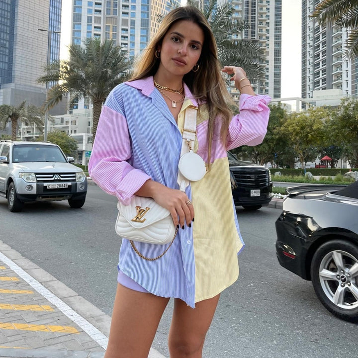 Women nan oversized shirt blouse with block stripes and chest pocket Mune Fashion