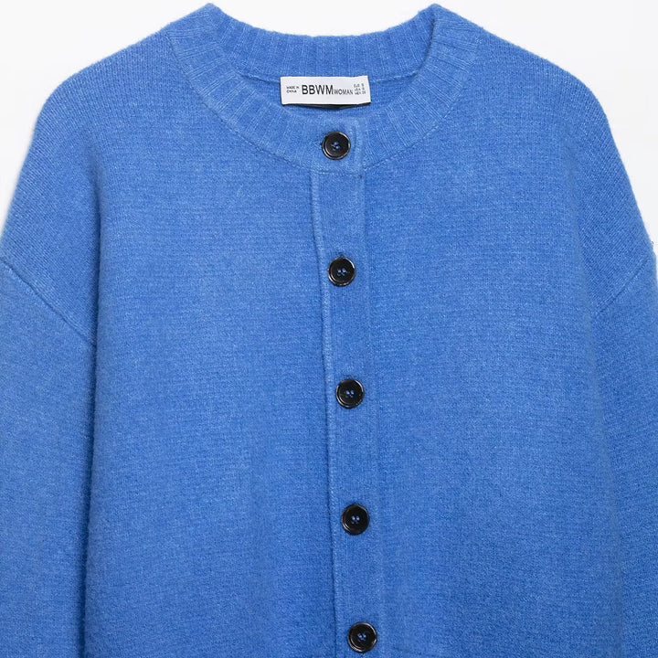 Women Cropped Cardigan with boxy silhouette, ribbed hem, and round neckline Mune Fashion