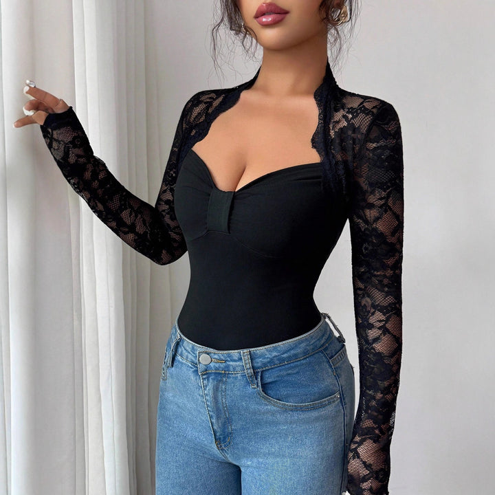 Ladies nan fine lace shoulder jacket with stand-up collar and fitted sleeves Mune Fashion