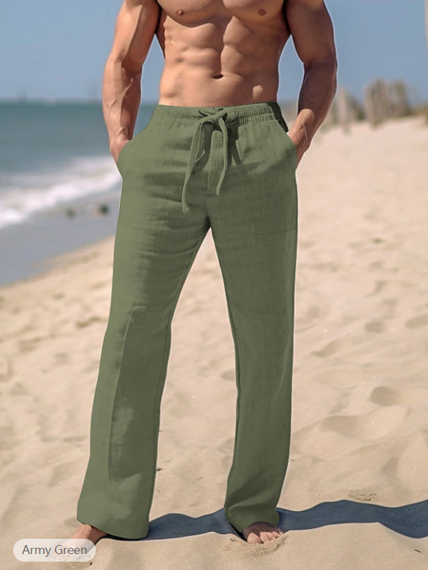 Men's loose resort leisure pants in palazzo style made of linen blend with drawstring and side inset pockets Mune Fashion