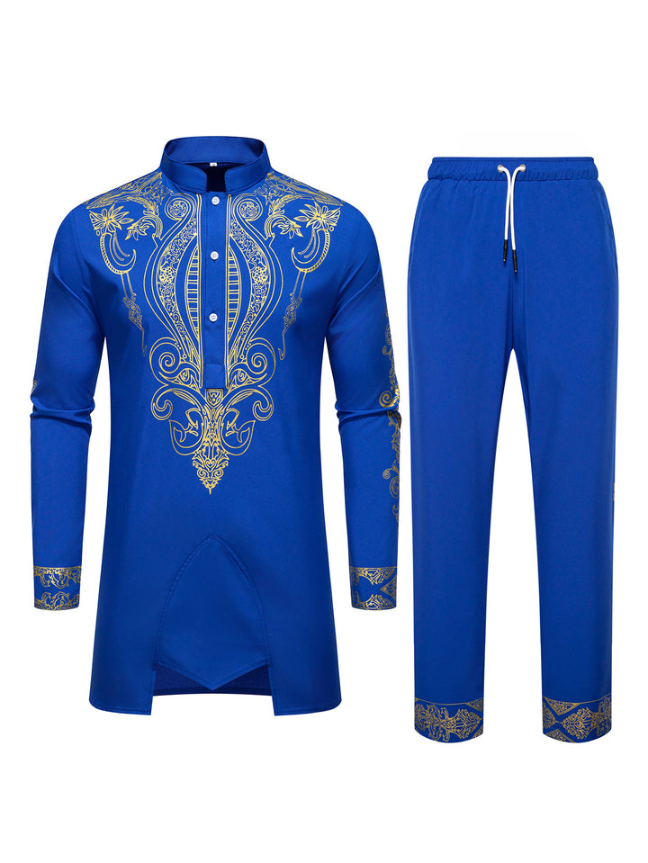 Men's Tunic Suit with Stand Collar and Ornamental Gold Application Mune Fashion