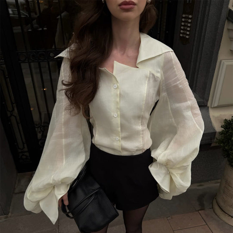 Women's Transparent Blouse Top with Tailored Corset Look and Voluminous Balloon Sleeves Mune Fashion