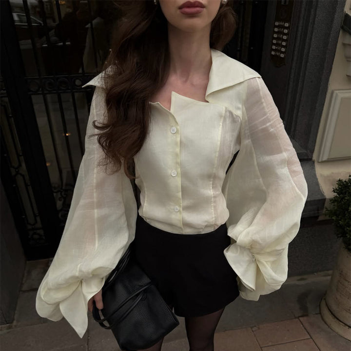 Women's Transparent Blouse Top with Tailored Corset Look and Voluminous Balloon Sleeves Mune Fashion