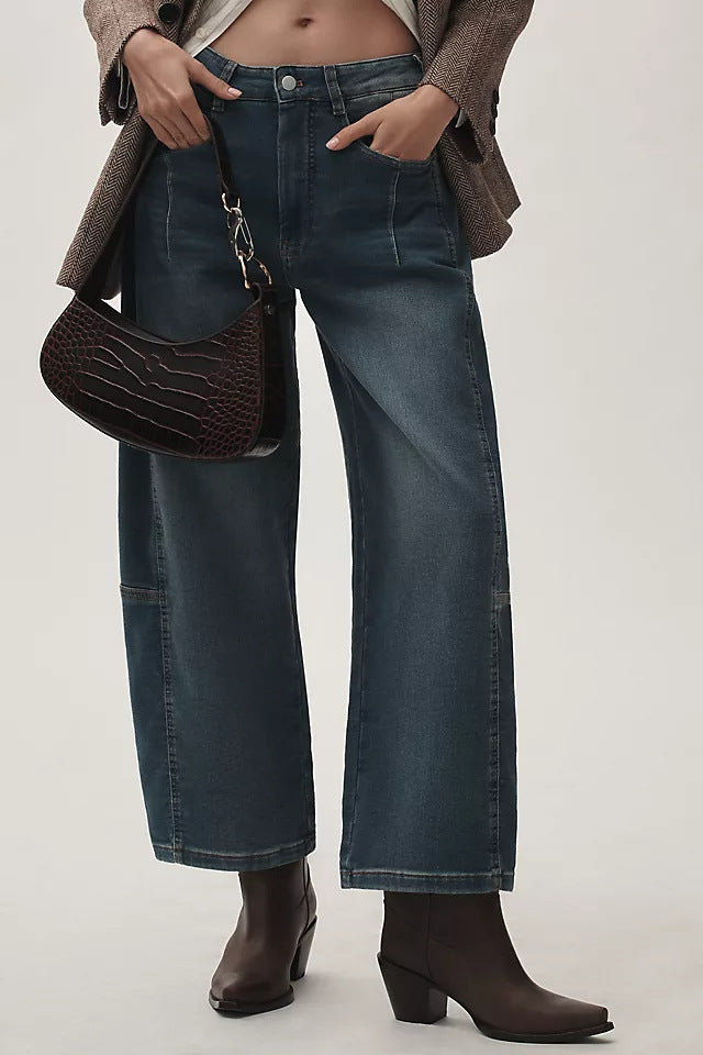 Women's high-cut wide culotte jeans with cropped length and decorative seam details Mune Fashion