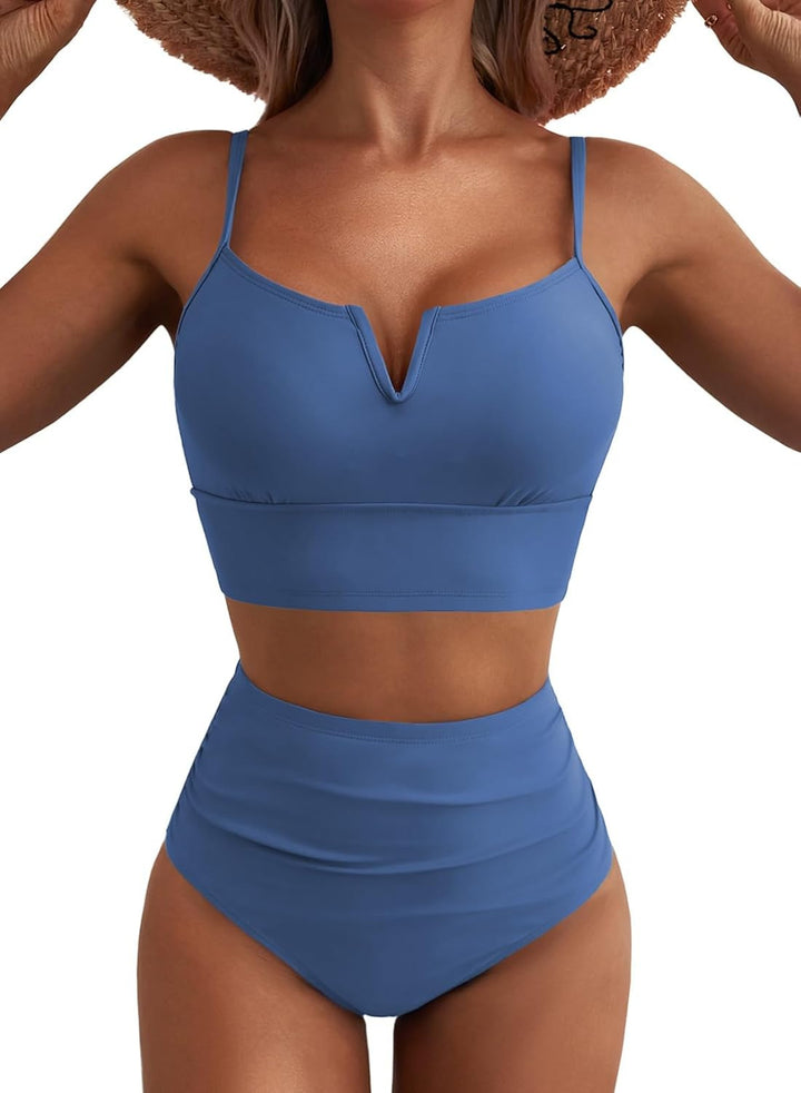 Women's High-Waisted Bikini Set with V-Neck and Wide Straps Mune Fashion