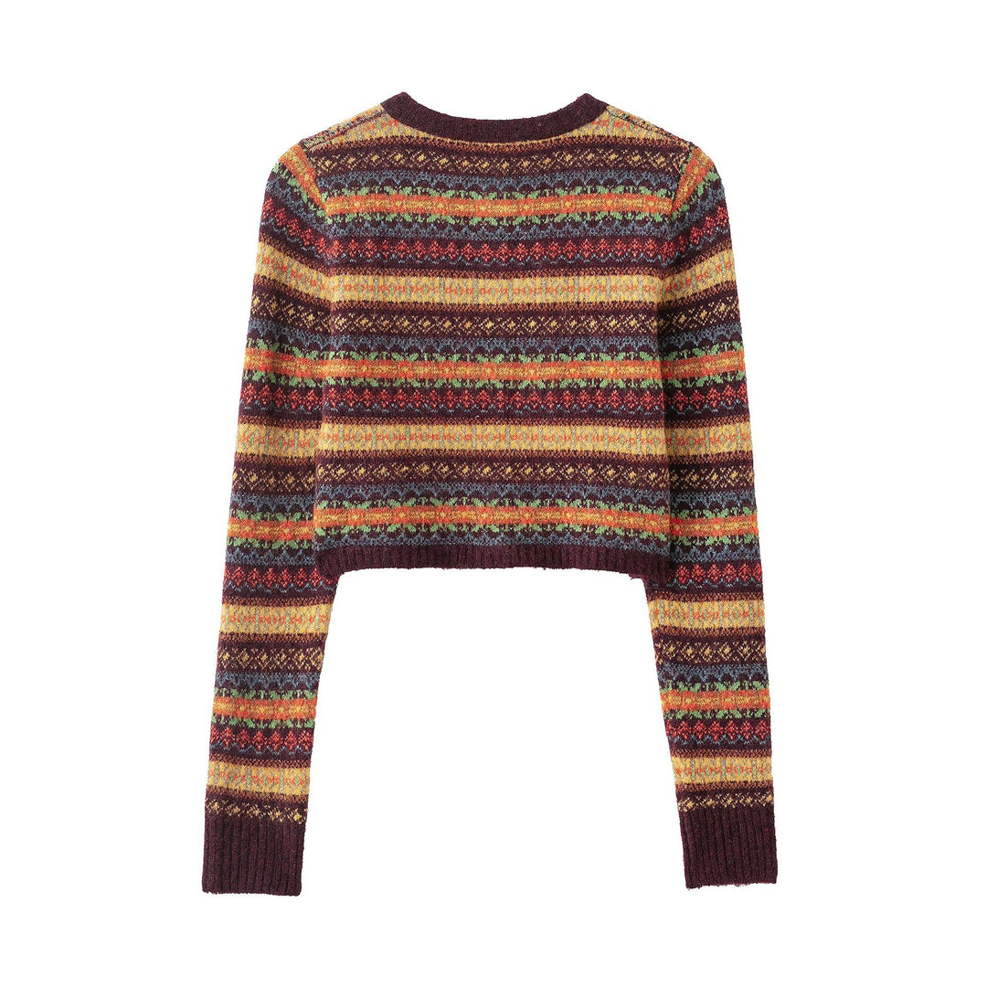 Women's Short-Cut Fair-Isle Cardigan with Round Neckline and Button Placket Mune Fashion