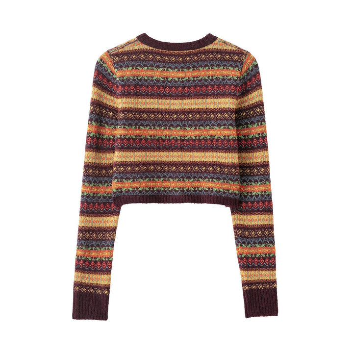 Women's Short-Cut Fair-Isle Cardigan with Round Neckline and Button Placket Mune Fashion
