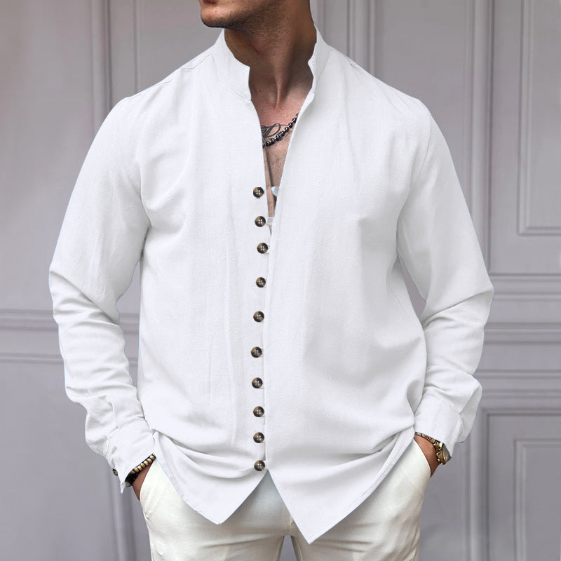 Men's elegant long-sleeve linen shirt with stand-up collar, asymmetrical button placket, and slim fit Mune Fashion