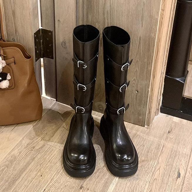 Women's knee-high platform biker boots with distinctive lug sole and three decorative belts Mune Fashion