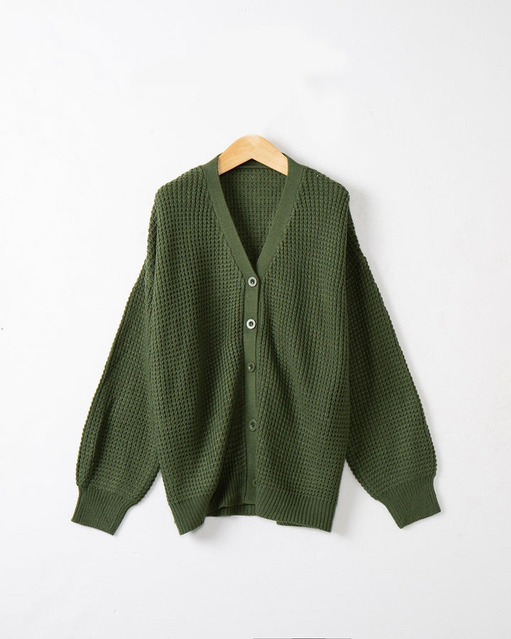 Women Waffle Structure Cardigan with Deep V Neck and Boxy Oversized Cut Mune Fashion