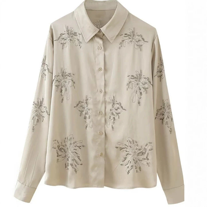 Women's embroidered silk-look blouse with sparkling crystal embellishments and shirt collar Mune Fashion