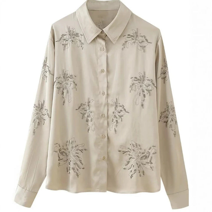Women's embroidered silk-look blouse with sparkling crystal embellishments and shirt collar Mune Fashion
