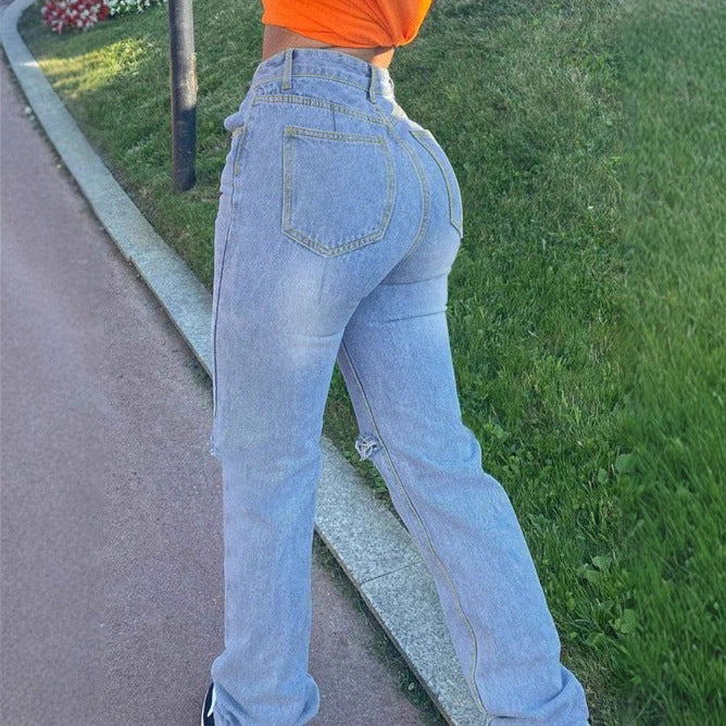 Women's high-waisted jeans with straight leg, knee rips, and stacked hem Mune Fashion
